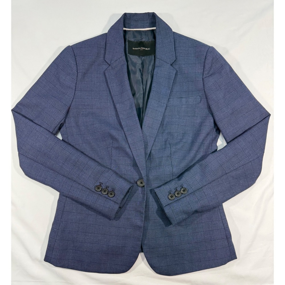 Banana Republic Blue Plaid Classic Blazer Jacket 00 Petite 488500-00